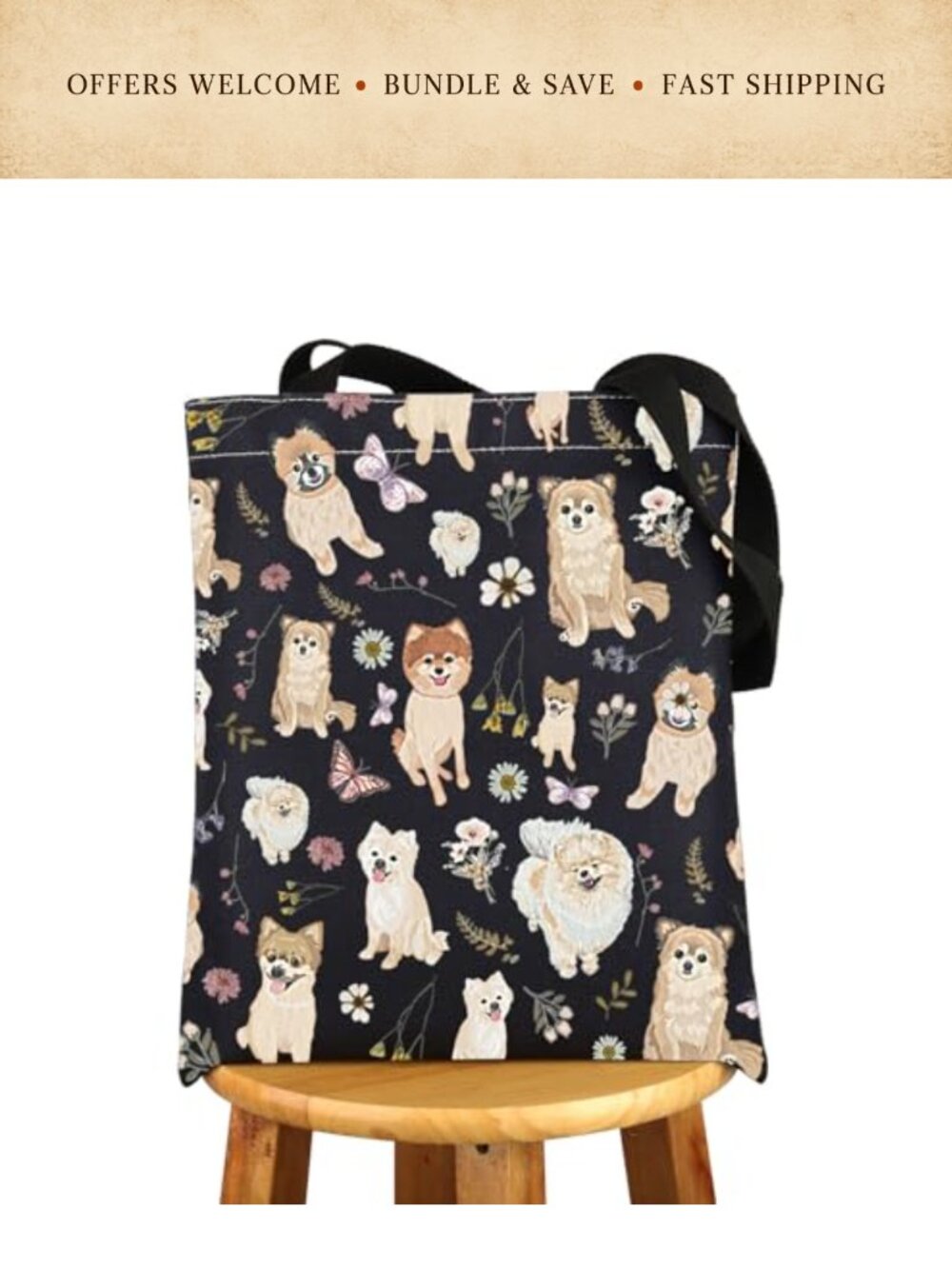 Pomeranian Tote Bag Waterproof Canvas Shoulder Bag Pom Dog Lover Gift